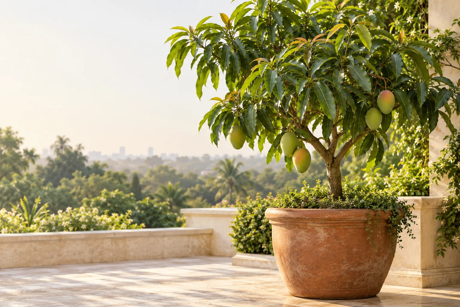 Illustrative sample: a young mango plant in a terracotta pot